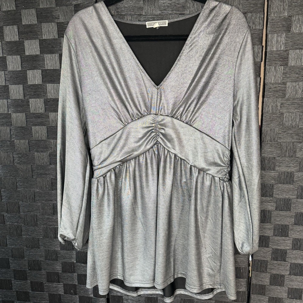 Pleione Top Womens Large Silver Gray Shiny Metallic Shimmery Shirt Blouse Sheer